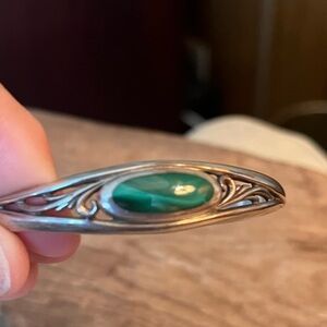 VTG Mexican Sterling Silver Malachite Cuff Bracelet Pierced Scrollwork